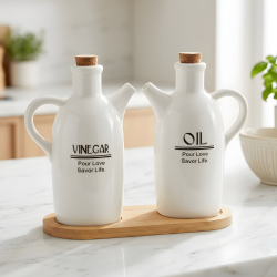 Porcelain Oil Dispenser Set 2 Pcs With Wooden Stand
